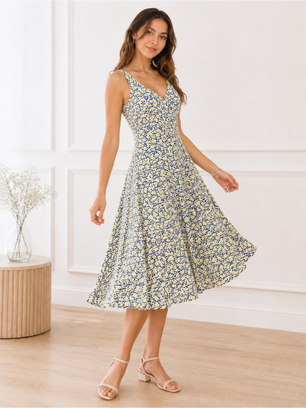 Boden Women Fit Flare Dress US 2R White Blue Yellow Dot Print Sleeveless - Picture 3 of 11